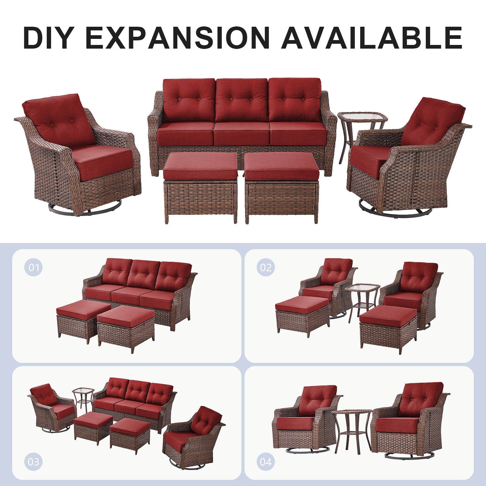 Luxury High Back Outdoor Furniture Set with 6 inch Thick Cushion,Patio Furniture Set with Swivel Rocker Chair,Sofa and Coffee Table,5 PCS Wicker Conversation Set for Yard,Deck,Poolside