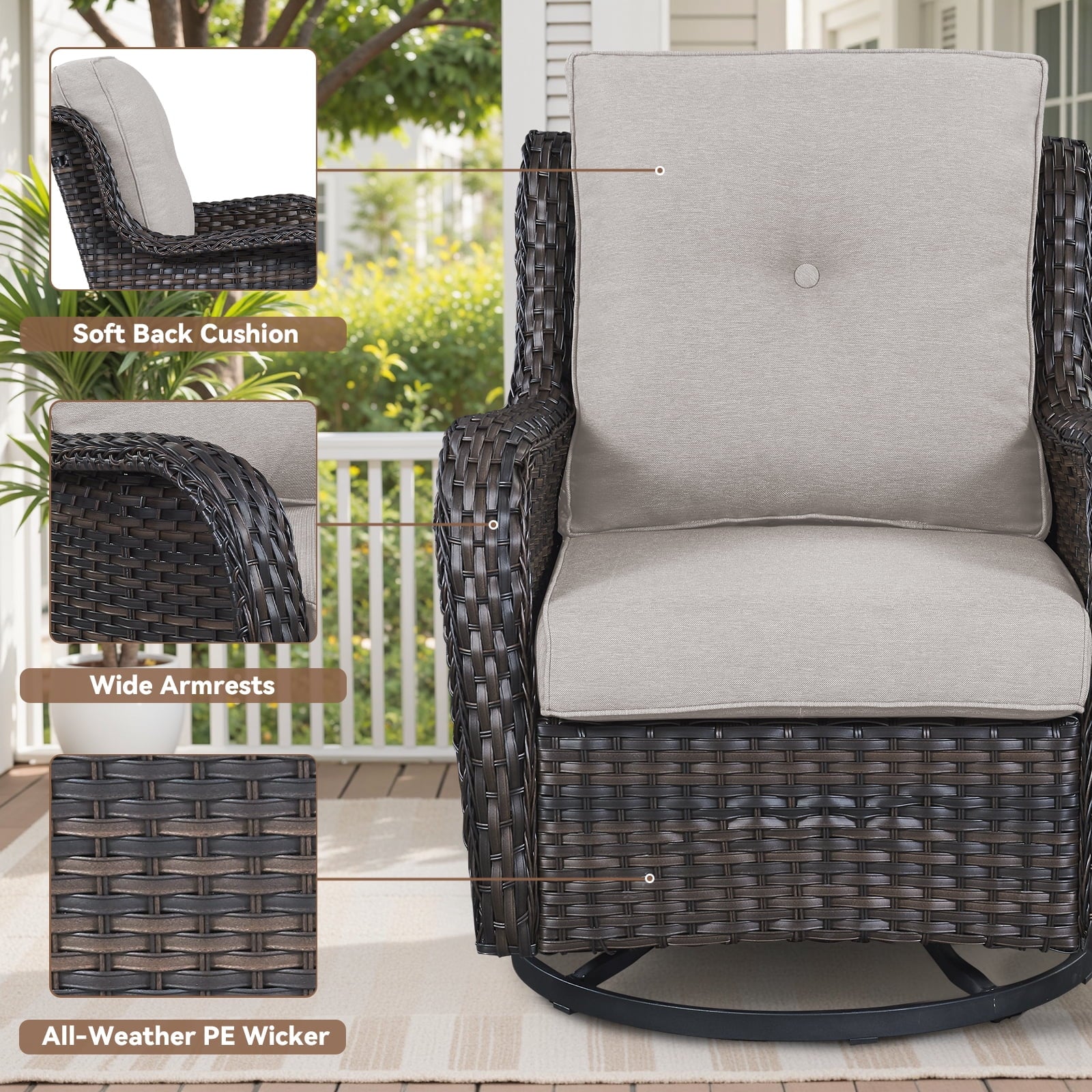 Bellefurn Outdoor Patio Furniture Sets with Swivel Rocker Chairs,3-Seat Sofa and Ottoman High-Back Rattan Patio Conversation Sets for Porch Deck Backyard Poolside
