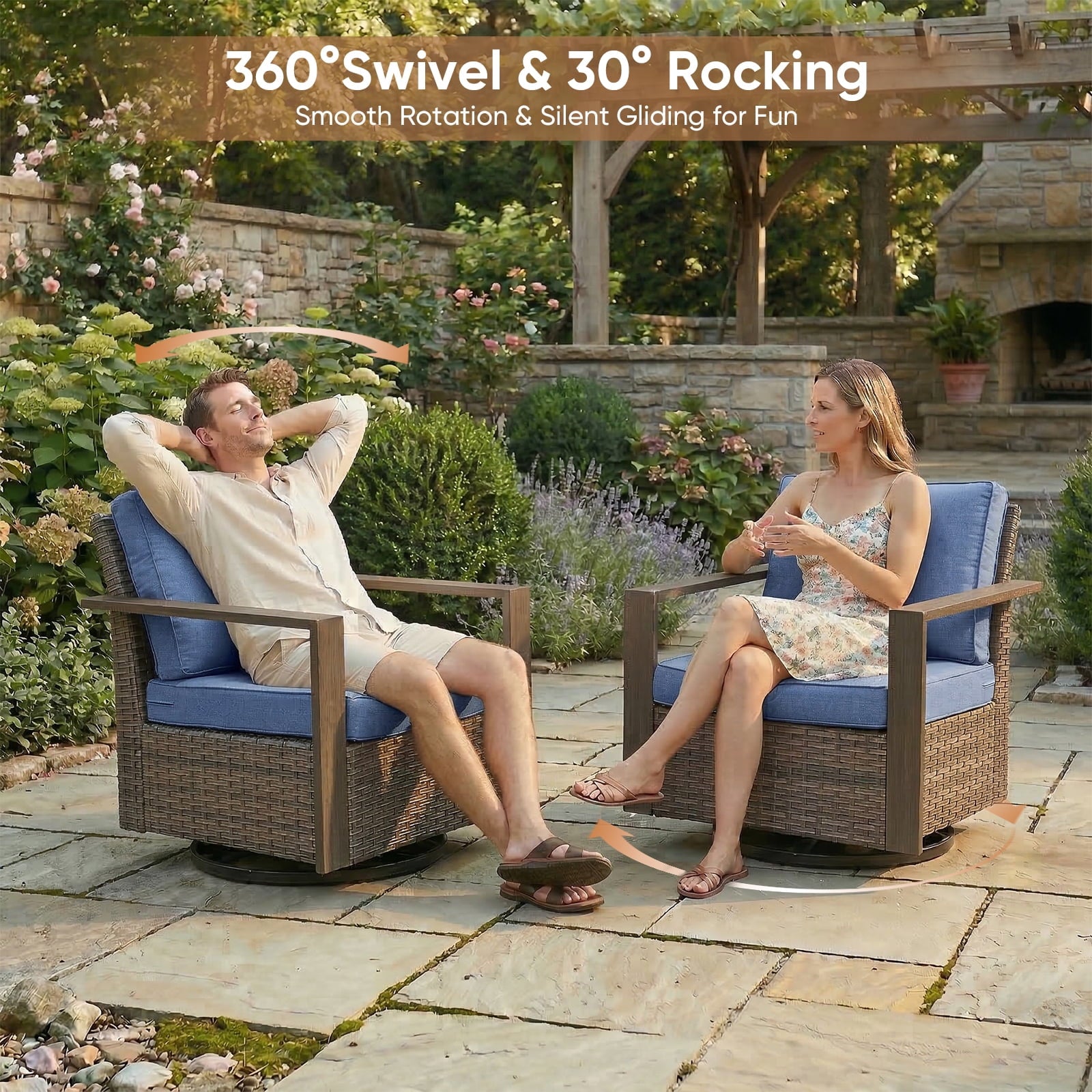 Bellefurn Luxury Patio Furniture Sets with 41” Propane Fire Pit Table,Rattan Outdoor Deep Seating Conversation Set with Swivel Glider Patio Chair,Rattan Sofa&Ottomans for Porch Backyard