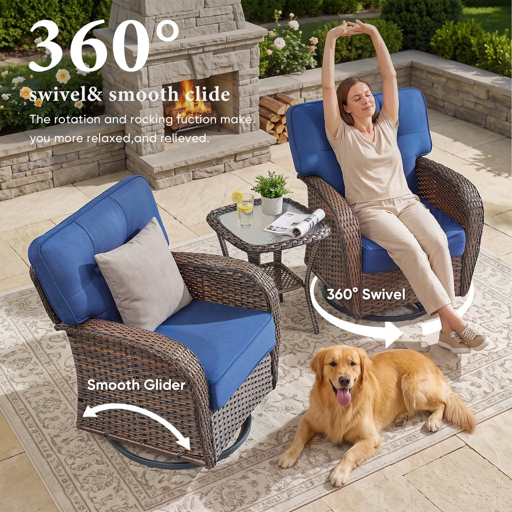 Bellefurn Outdoor Swivel Rocker Patio Chairs with 5" Thick Cushions,High Back Wicker Outdoor Swivel Chairs with Table,Patio Swivel Glider Chairs for Porch,Balcony,Garden,Deck & Backyard