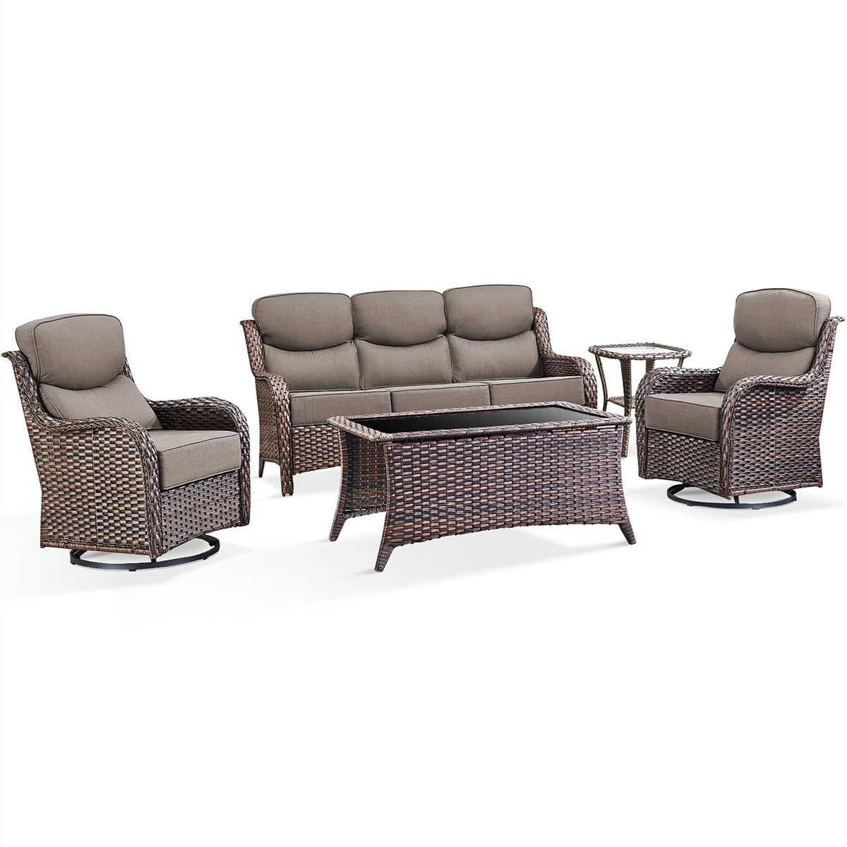 Bellefurn 5 Pieces Outdoor Patio Furniture Set with Swivel Rocker Chairs and 6" Thick Cushions,Wicker Conversation Set with Sectional Sofa and Ottomans for Porch Deck Backyard Poolside