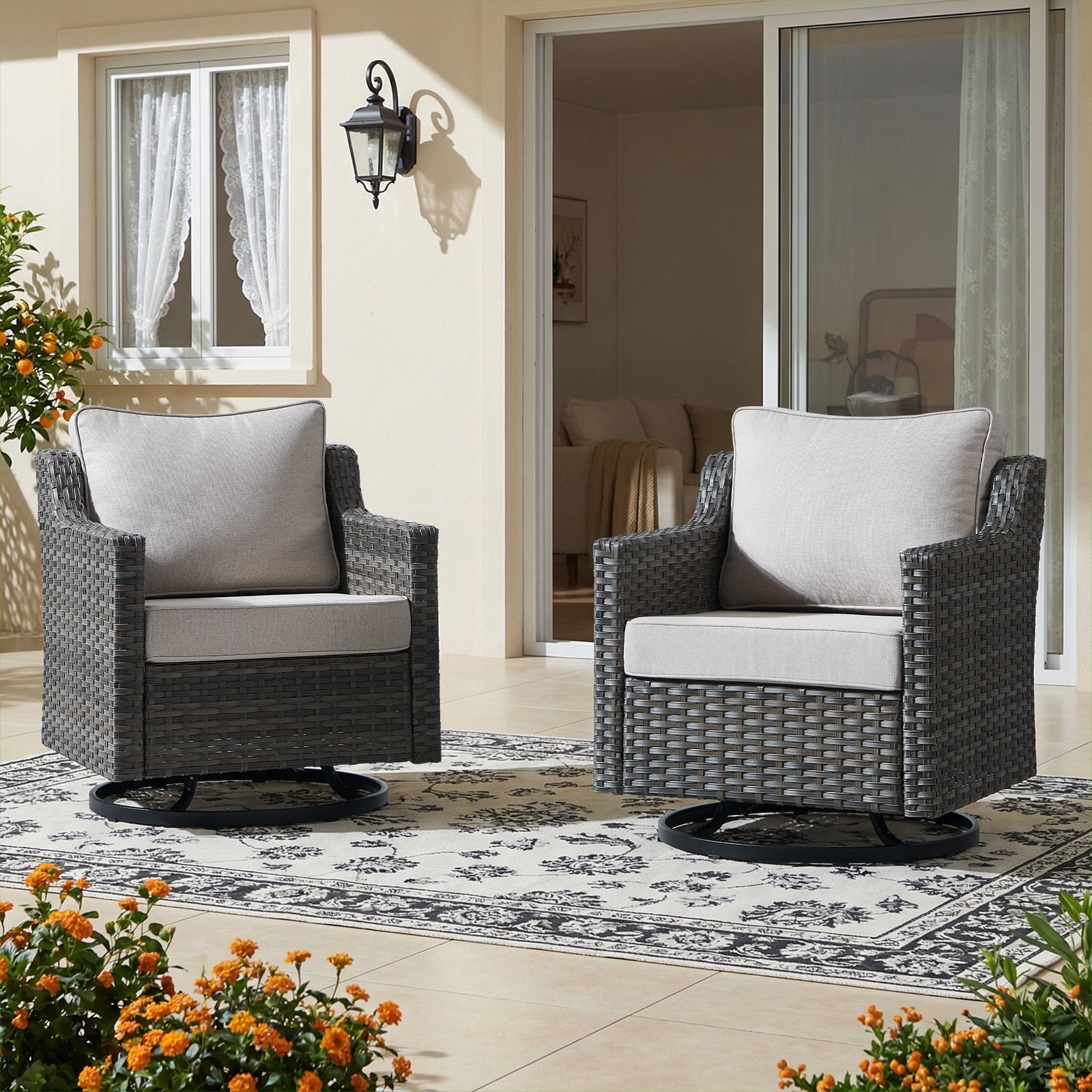 Bellefurn Outdoor Wicker Rocking Chair Patio Swivel Chairs Set of 2,Patio Swivel Rocker Rattan Furniture Sets for Outdoor Porch Deck Garden Backyard