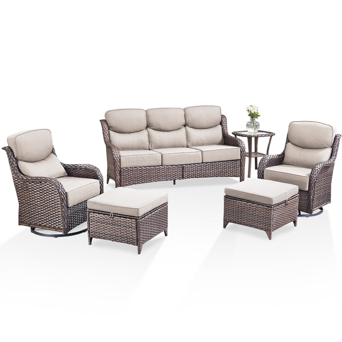 Bellefurn Luxury 6 Pieces Outdoor Patio Furniture Set with Swivel Rocker Chairs 6-inch Extra Thick Cushions,Sofa Coffee Table,Wicker Conversation Sets for Porch Deck Backyard Poolside